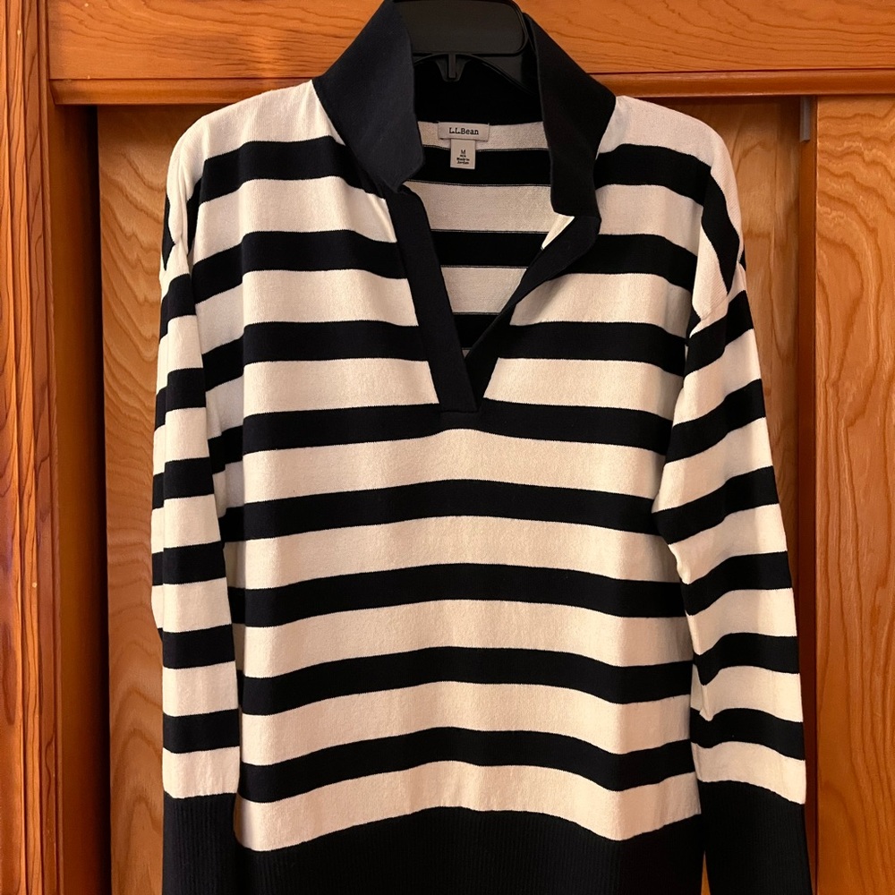 LL Bean Women's Dark Navy and light cream V-Neck Sweater